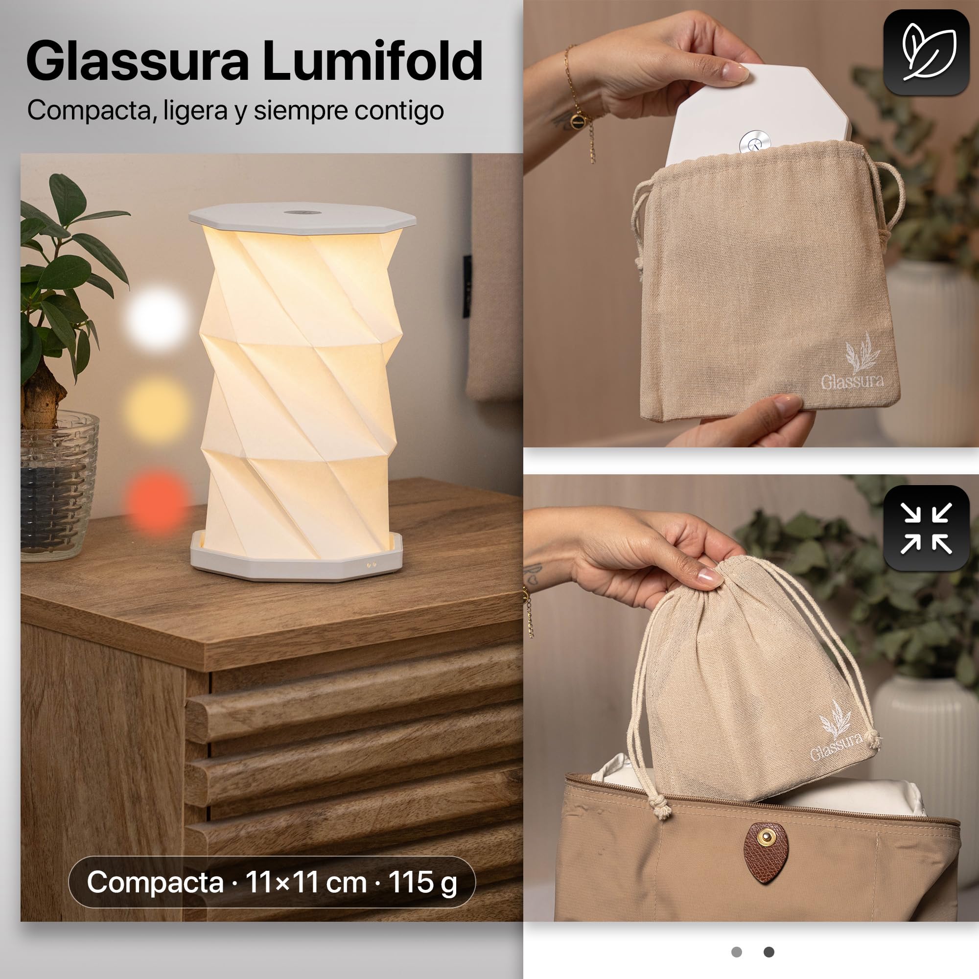 Lámpara plegable LED ABS, recargable USB-C, 3 modos de luz y sin cables. | Diseño origami 360° para mesita, salón, terraza cubierta y viajes; más de 12h de autonomía, decoración y regalo