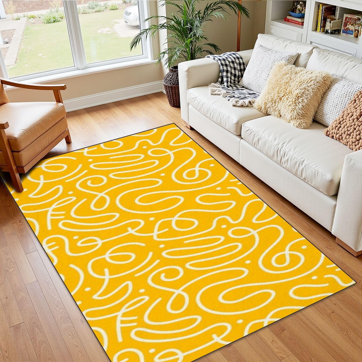 4x5 Boho Rug Rugs for Living Room Rugs for Entryway Fun line Doodle Seamless Pattern Creative Abstract Squiggle Yellow Bedroom Rug Door Mat Nursery Room Decor Rainbow Carpet