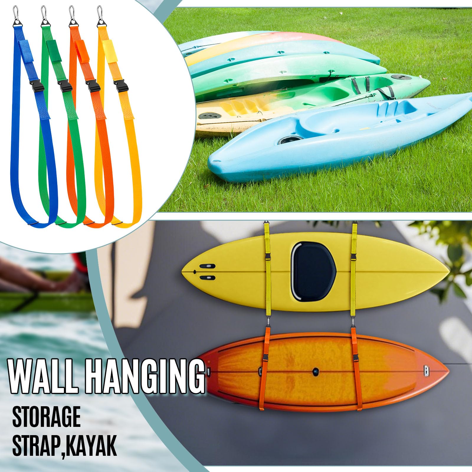 Seenelling 8 cinghie da appendere per kayak e snowboard, capacità 199,6 kg, cinghie in nylon con moschettone, salvaspazio, per interni ed esterni, tavola da surf, paddle, garage, accessori per riporre