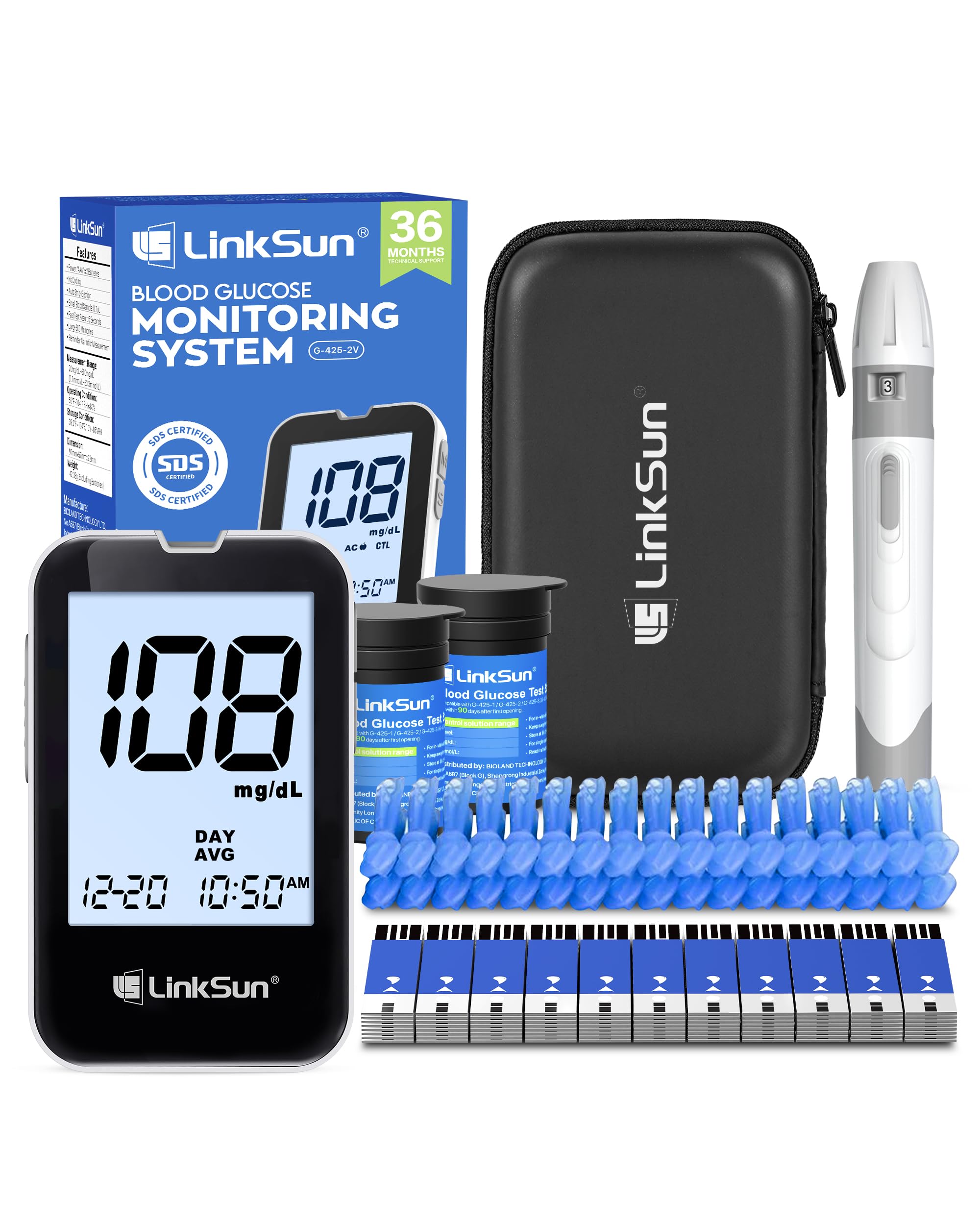 G-425-2V Blood Glucose Monitor Kit, 100 Test Strips, 100 Lancets, 1 Blood Sugar Monitor, 1 Lancing Device, Diabetes Testing Kit No Coding, Glucometer Large Display, Glucose Meter for Home Use