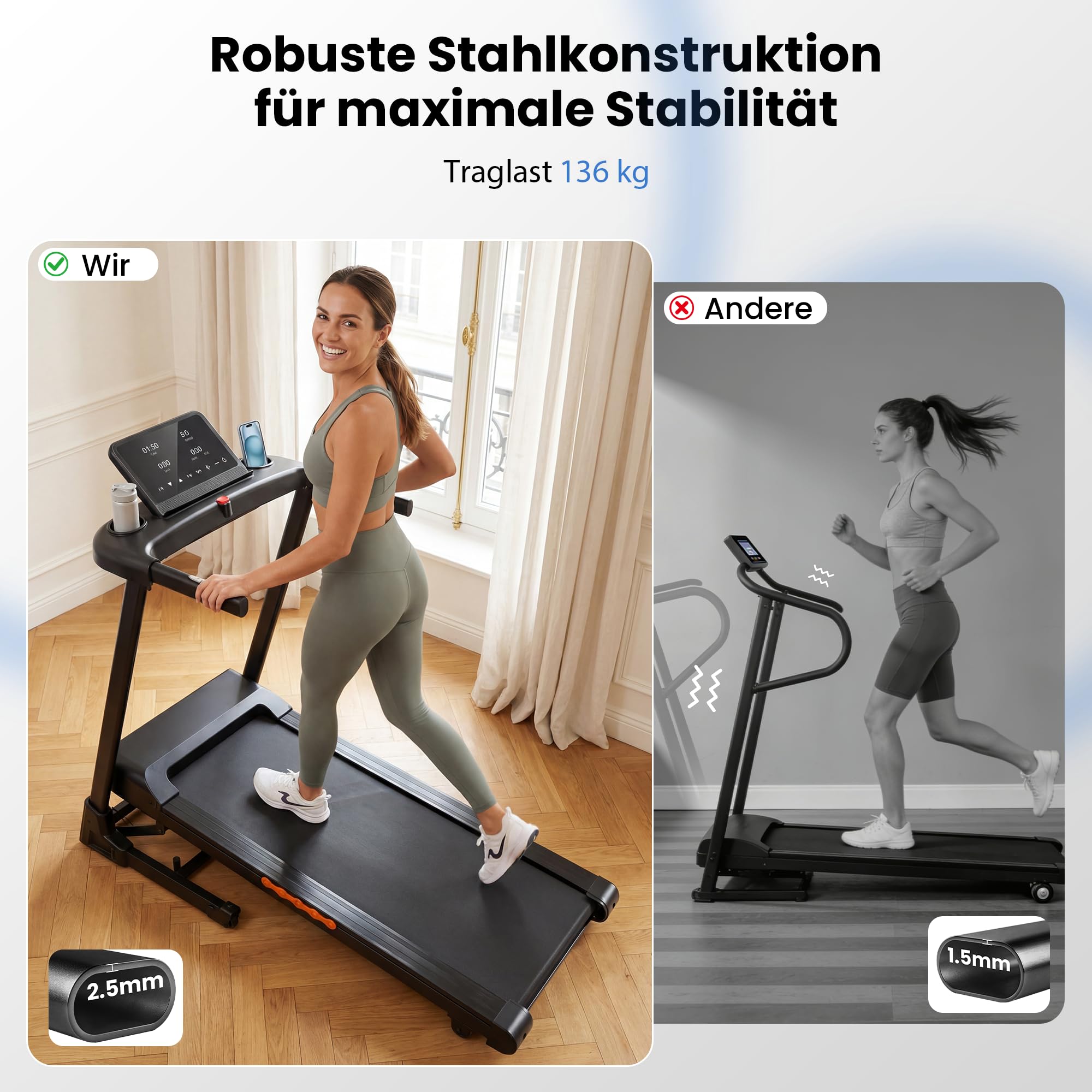Laufband Klappbar mit 15% Auto-Steigung für intensives Workout
