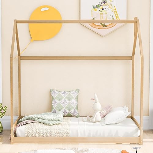 Miniatura 21 de Montessori - Cama tamaño individual para niños, cama de casa para niños pequeños con techo, base de cama de madera para suelo, mueble de dormitorio