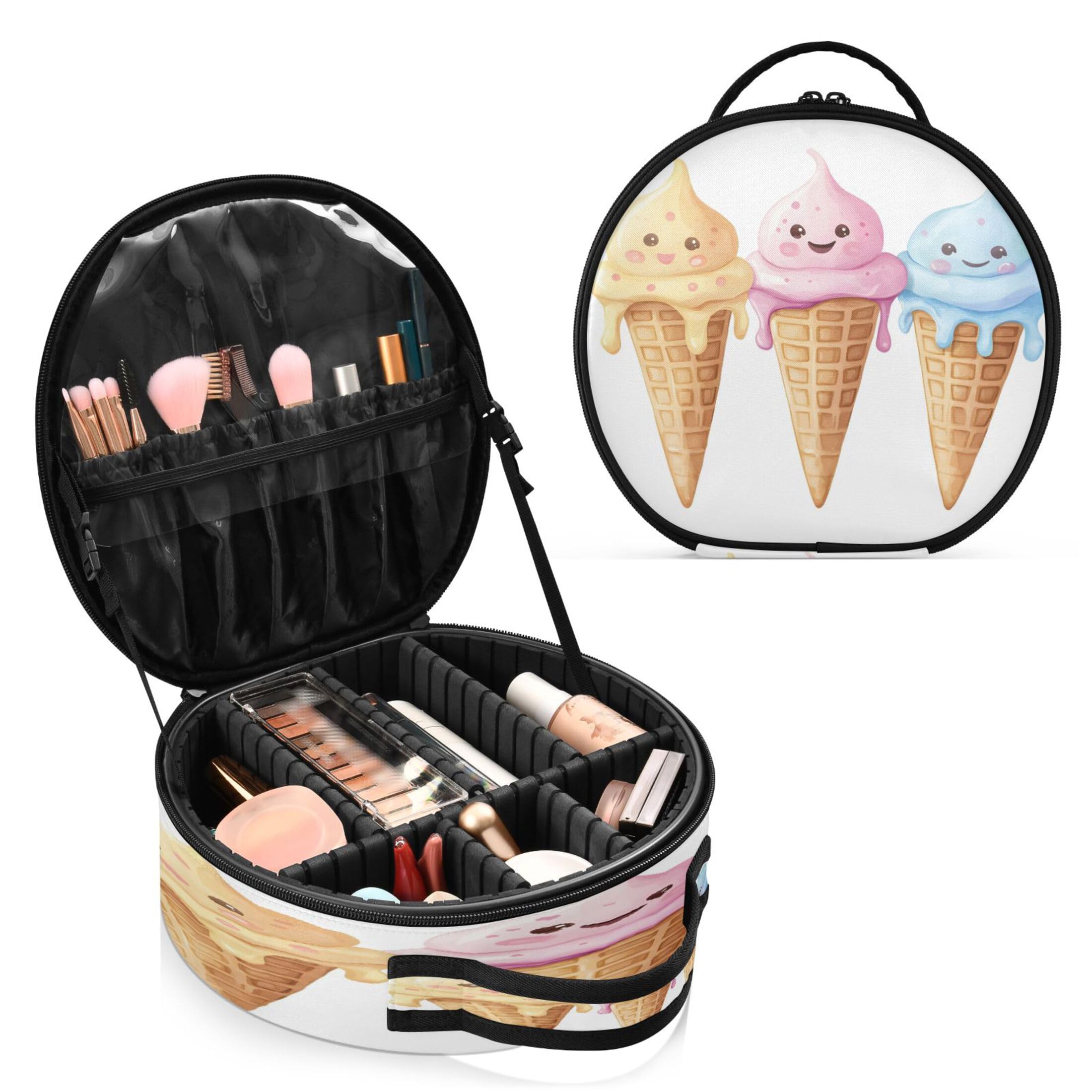 Takiito Cute Ice Cream Travel Makeup Case Portable Makeup Box Artist Cosmetic Case Organizer With Adjustable Dividers