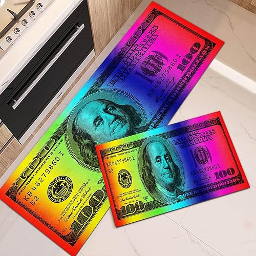 Miniatura 2 de GUBIYU 2 alfombras de billetes de 100 dólares, alfombras de cocina, alfombras de dinero antideslizantes, con parte trasera de goma, tapete para
