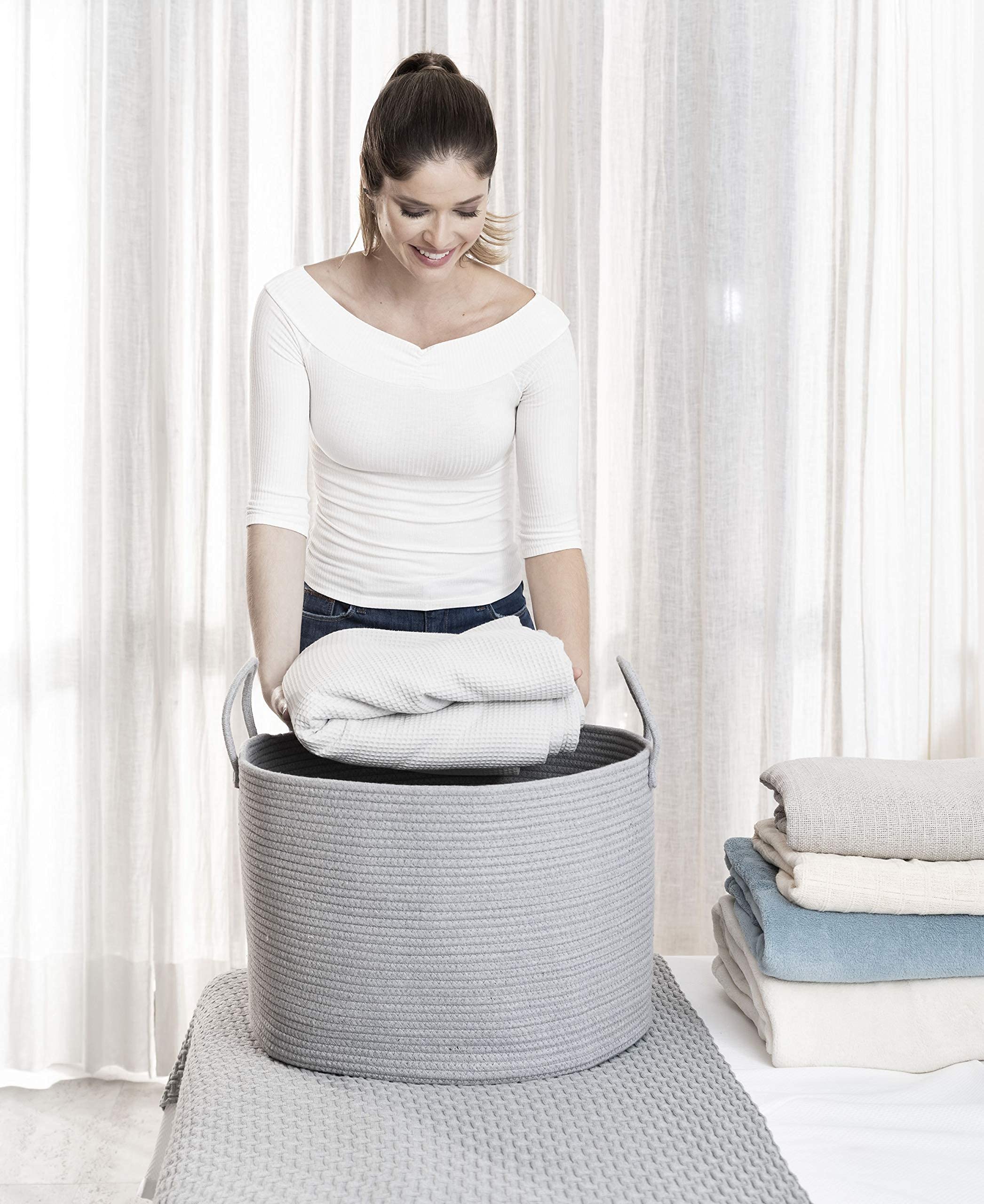 OrganiHaus Cesta Portabiancheria Bambini | Porta Giochi Bambini Grande | Portaoggetti | per Coperte da Salotto | in Corda di Cotone - Grigio 33x50 cm