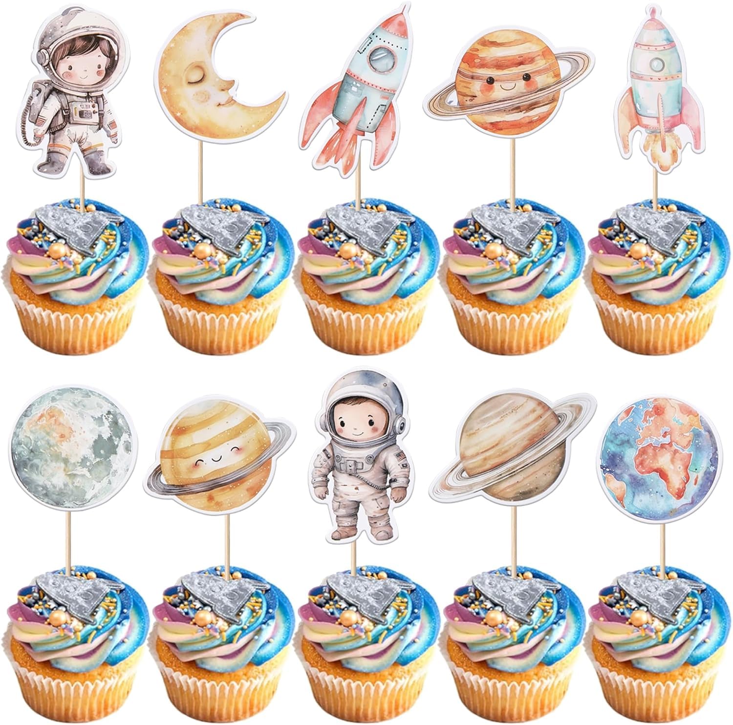 40 Stück Weltraum Tortendeko Sonnensystem Galaxie Universum Kuchen Deko Weltraum Astronaut Cupcake Toppers für Planeten Galaxie Thema Kinder Geburtstag Party Kuchen Dekoration