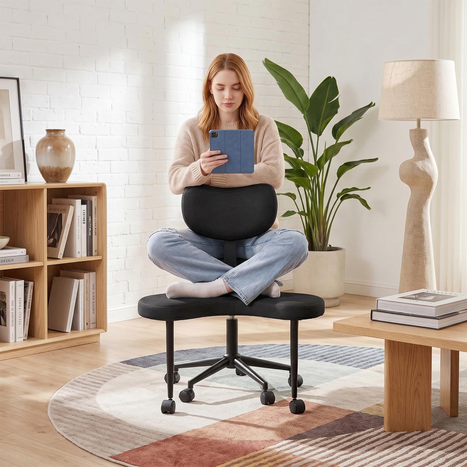 Meditationsstuhl, Crosses Legged Chair with Wheels, Yogastuhl ADHD Stuhl Mit Lendenwirbelstütze Und Verstellbarem Neigungswinkel, 47–59cm Einstellbare Höhe for Home and Offices