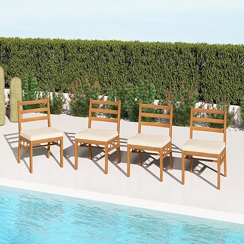 Miniatura 2 de Tangkula Juego de 4 sillas de patio de madera de acacia maciza, sillas de comedor de madera para exteriores con cojines de asiento acolchados,
