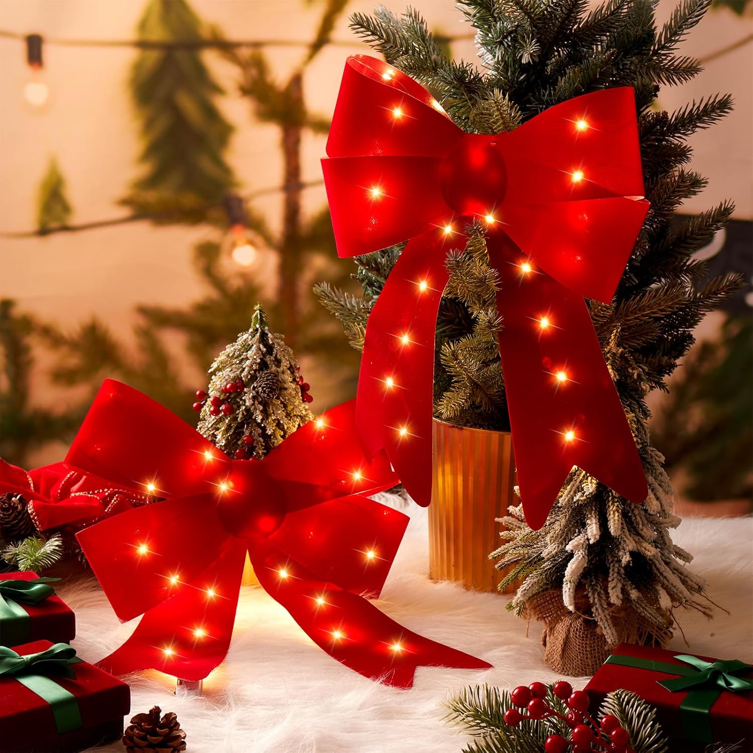 Zeyune 6 Pcs 10.63 x 15.35'' Velvet Red Christmas Bows with LED Lights Waterproof Christmas PVC Bow Large Plastic Lighted Bows for Christmas Tree Toppers Decor Wreath for Xmas Indoor Outdoor Decor