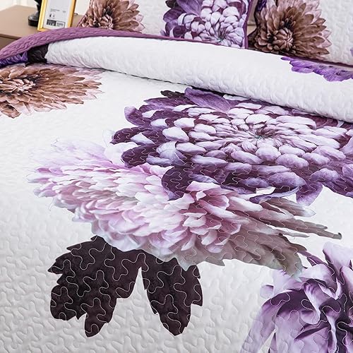 Miniatura 7 de Dintszyayue Juego de edredón floral tamaño matrimonial, juego de edredón de 3 piezas de flores moradas con 2 fundas de almohada, colcha de