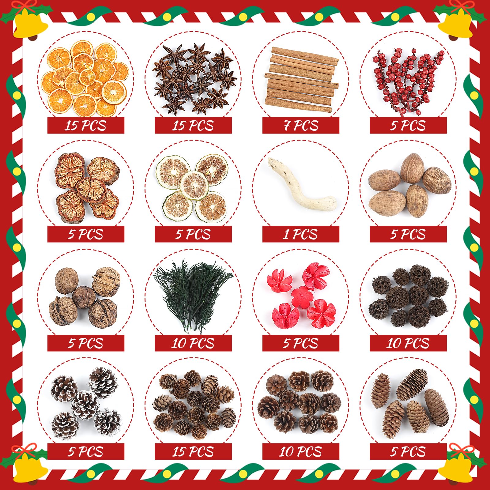 123 Pezzi Natalizio Potpourri Decorazioni Fai da Te Corona dell'Avvento Natalizio Set con Fette di Arancia Secca Cannella Coni di Pino per Tavolo da Pranzo, L'Albero di Natale Decorazione