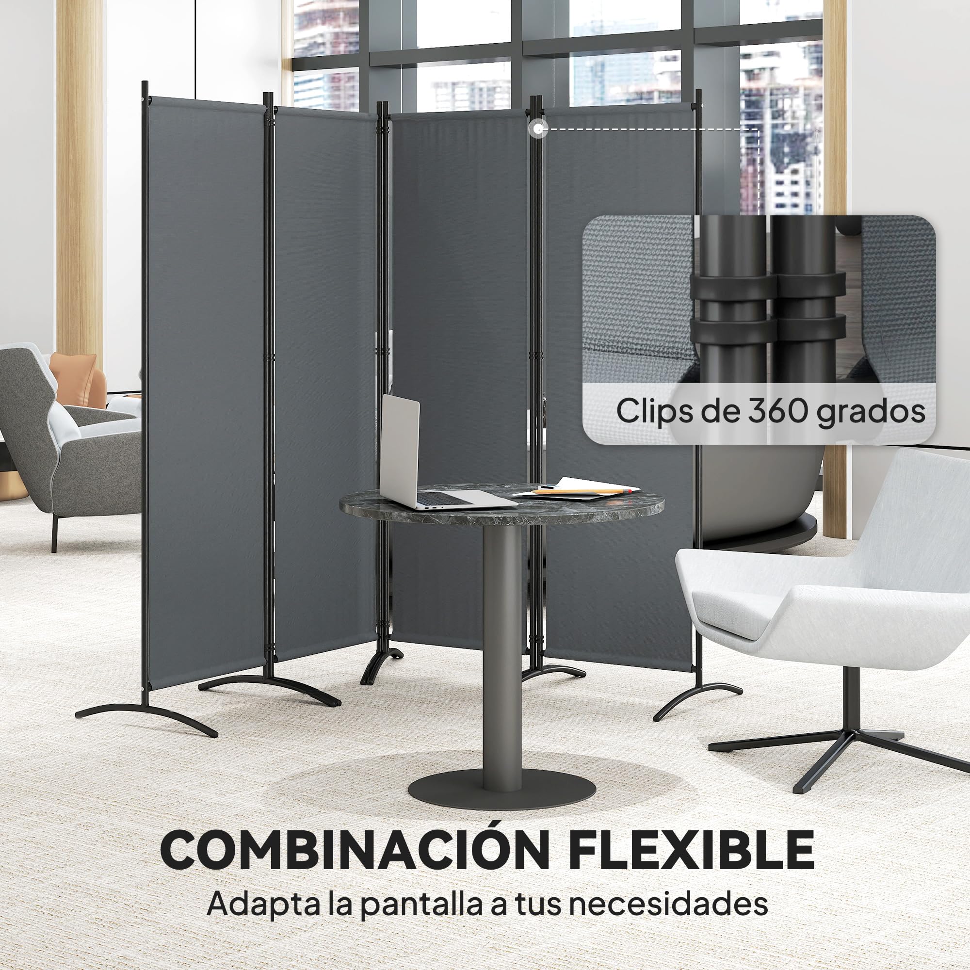 Outsunny Biombo Separador de Ambientes de 4 Paneles, 221x172 cm, Pantalla de Privacidad Plegable con Patas Anchas, Biombo Interior para Salón, Oficina, Dormitorio, Gris Oscuro