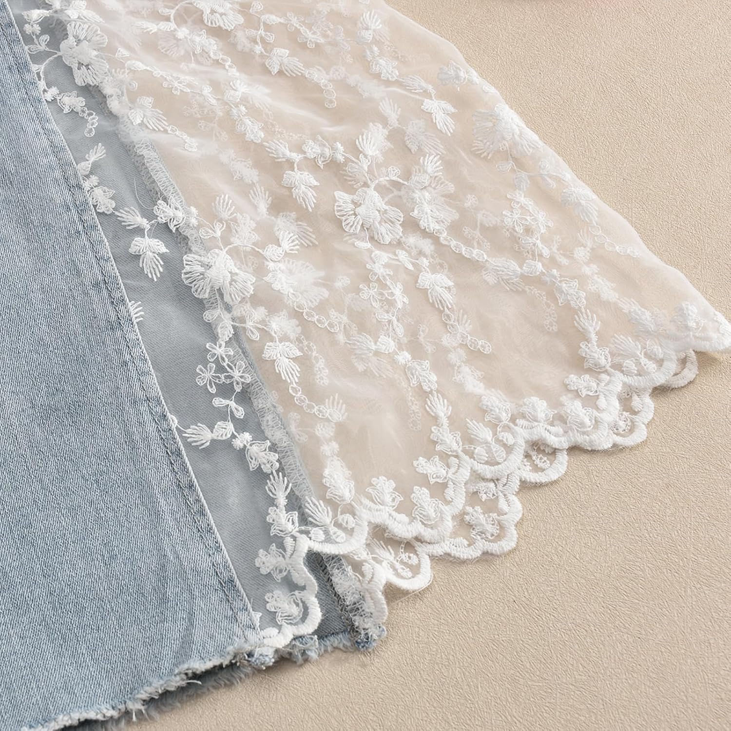 Women High Waisted Jeans Straight Wide Leg Pants Causal Patchwork Denim Pants with Lace - Image 6