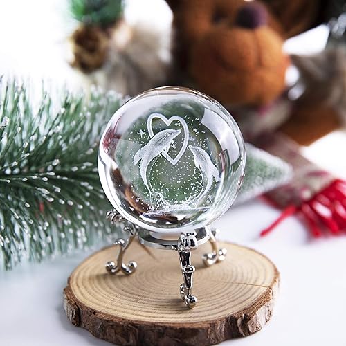 HDCRYSTALGIFTS Figuras de pisapapeles de bola de cristal de delfín 3D, bola de cristal con soporte, regalo de San Valentín, regalo de cumpleaños