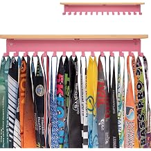 iBobbish Trophy Medal Holder Display Hanger Rack Frame Shelf,Medal Holder with Wooden Trophy Shelf Rack,Sturdy Black Metal Wall Mount Over 50 Medals Easy to Install-Simple Plain-Pink