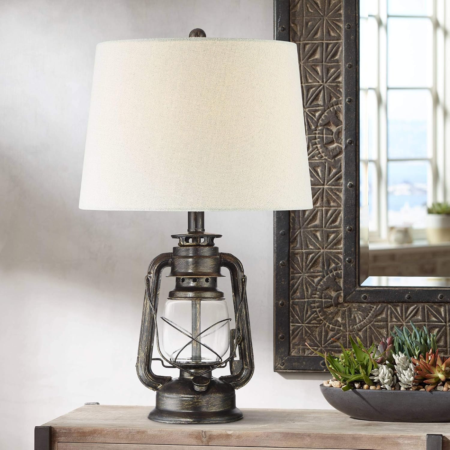 Franklin Iron Works Murphy 23" High Miner Lantern Small Industrial Farmhouse Rustic Western Accent Table Lamps Set of 2 Brown Weathered Bronze Finish Metal Oatmeal Shade Living Room Bedroom Bedside
