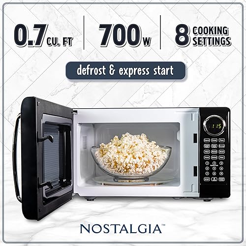 Miniatura 2 de Nostalgia Horno microondas retro, 0.7 pies cúbicos, tamaño de encimera de 700 vatios con tocadiscos de vidrio, bloqueo de seguridad para niños, 8