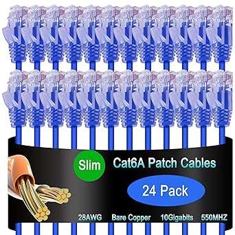 Lysymixs Cat6a Slim Ethernet Patch Cable 14 ft (24 Pack), Cat6a Patch Cable for Data Centers, Cat 6 Patch Cable 10G, Network Patch Cables for Home and Enterprise Network -Blue