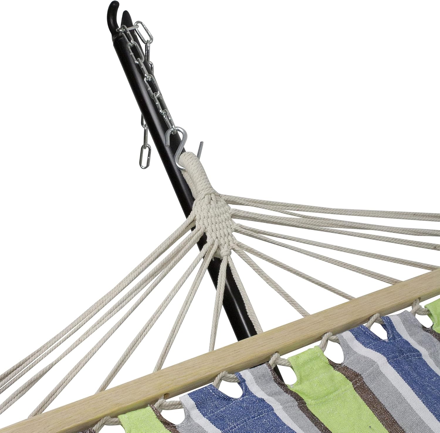 Northlight 32816522 Lime Green and Royal Blue 55" x 78" Stripe Poly Cotton Hammock with Wooden Bars and Tassels