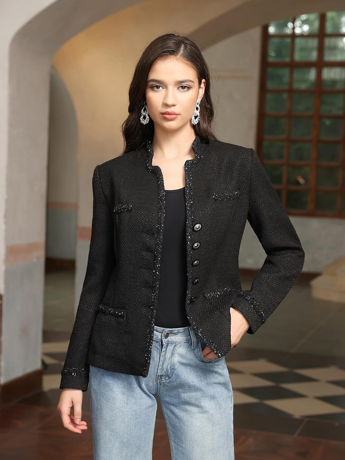 M.Infisavo Womens Stand Notch Lapel Suit Jacket Long Sleeve Fully Lined Open Front Dressy Tweed Blazer Outfits - Image 2