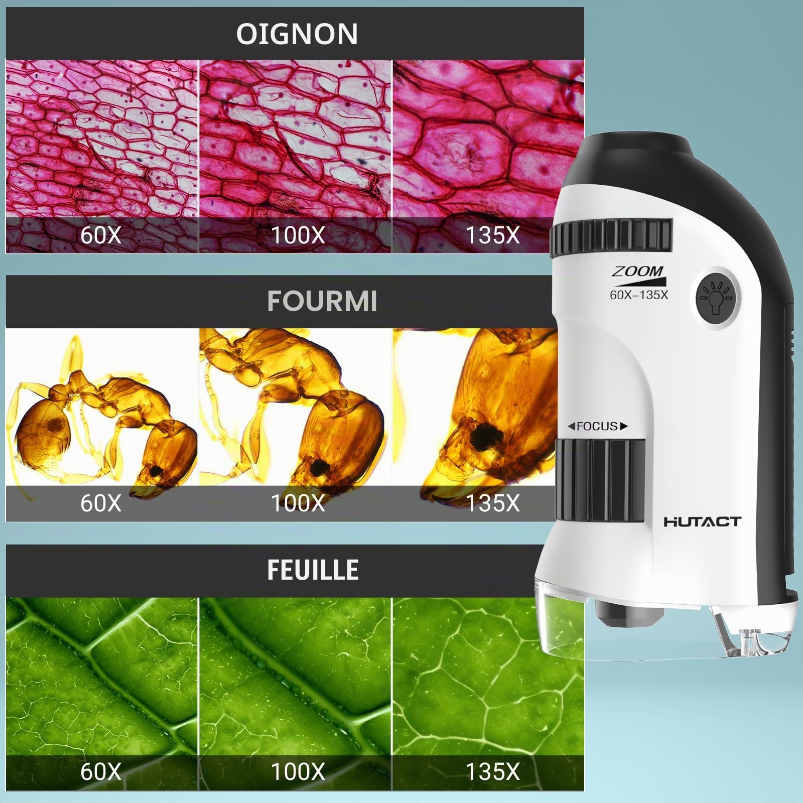 60-135X Mini Microscope Portable pour Enfants,Microscope de Poche Lumineux avec 5 Lames Preparees pour Plante Trichomes