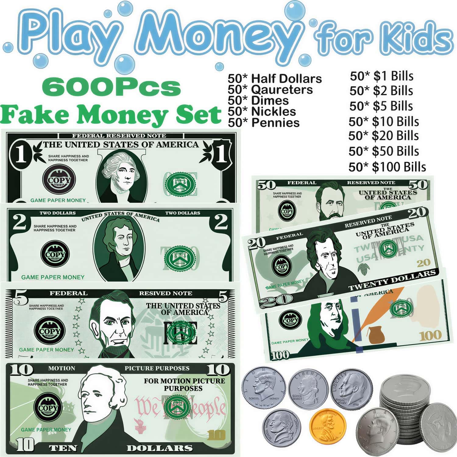 600 Pcs Fake Money for Kids - Realistic Play Money Bills & Plastic Coins - Math Manipulatives & Classroom Currency Set for Grocery Store, Bank, & Board Games - Educational Counting Toy, Ages 3+