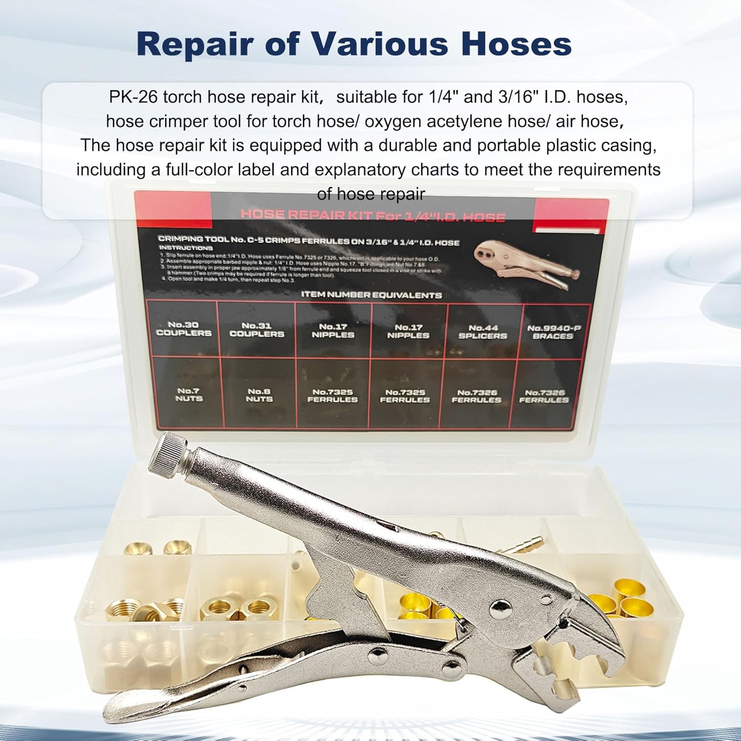 54PCS PK-26 1/4" I.D.Torch Hose Repair Kit, Air Hose Repair Kits for Torch Hose/Oxygen Acetylene/Air Hose, 1/4" Hose Repair Kit Include Fittings/Crimping Tool/Ferrules/Couplers/Braces/Splicers/Nipples