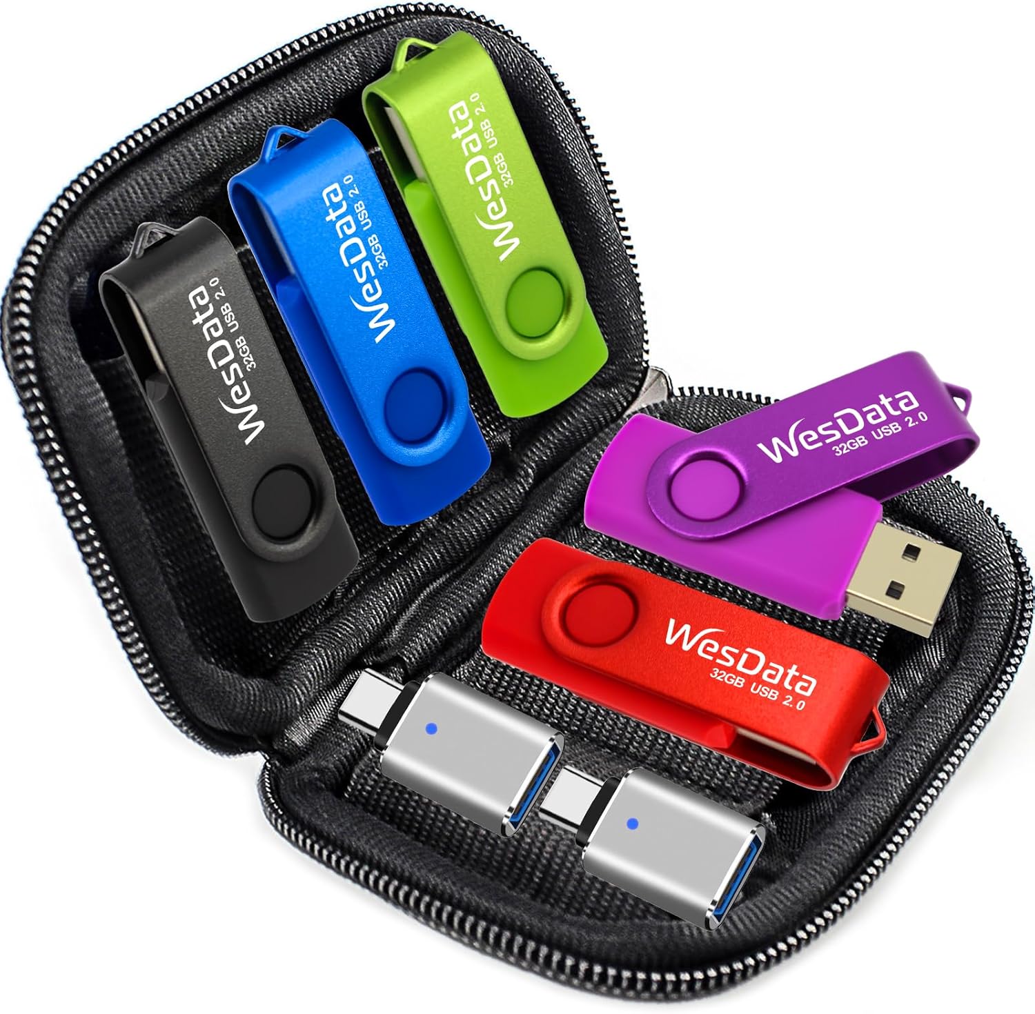 5 Pack 64GB USB Flash Drive and 2 Pack USB C Adapters in a Case, Thumb Drives Memory Stick Storage and Backup for Smart Phones with Type C Port, Laptops, PC(5 Colors) (64, GB)