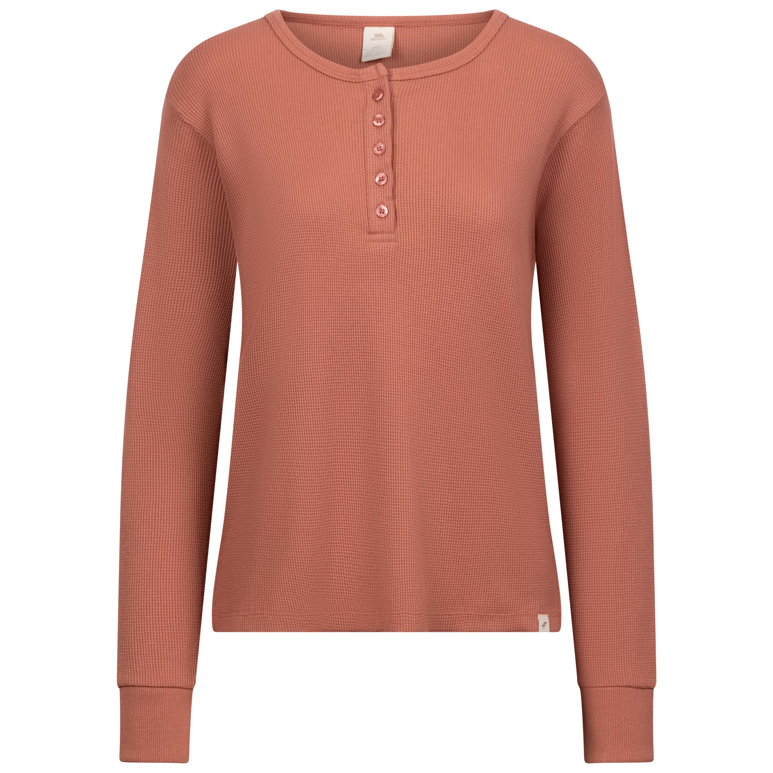Trespass Women's Clay Long Sleeve Top Morvenna - Button Front, Waffle Knit, Long Sleeves, Ribbed Cuffs, Woven Hem Tab, Knitted, 60% Cotton, 40% Polyester