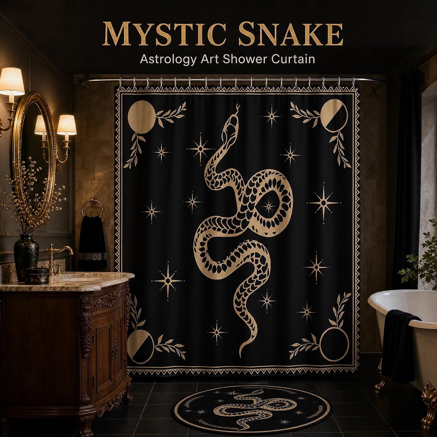Castle Fairy Snake Printed Shower Curtain Boho Sun and Moon Bathroom Shower Curtain Set for Kids Adult Starry Sky Galaxy Bath Curtain Black and Brown Waterproof Curtains Room Decor 72 x 72 Inch