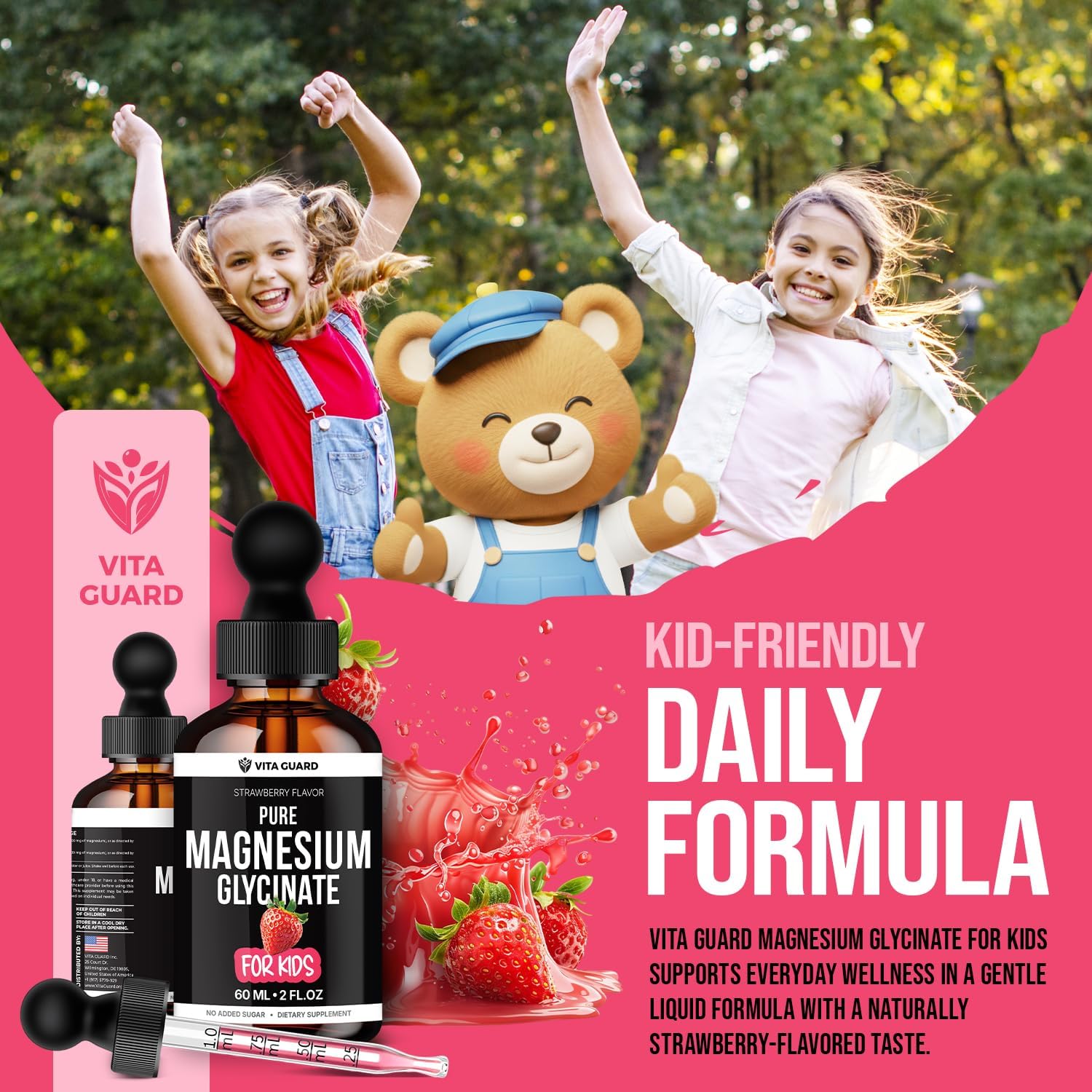Vita Guard Pure Magnesium Glycinate for Kids – High Absorption Liquid Magnesium Drops for Sleep, Calm & Muscle Support – Sugar Free Kids Magnesium Supplement for Toddlers & Children Natural Strawberry