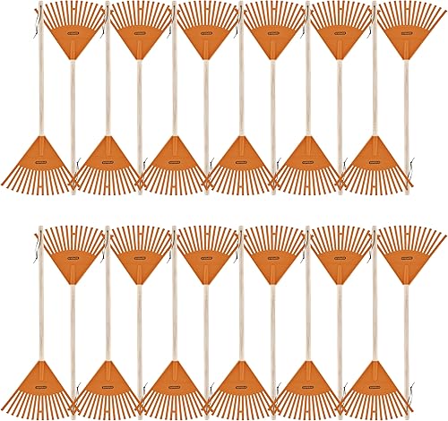 Paquete de 2 rastrillos para niños con mango de madera dura, cabeza de plástico duradero para barrer hojas en el césped y ordenar el jardín, 34
