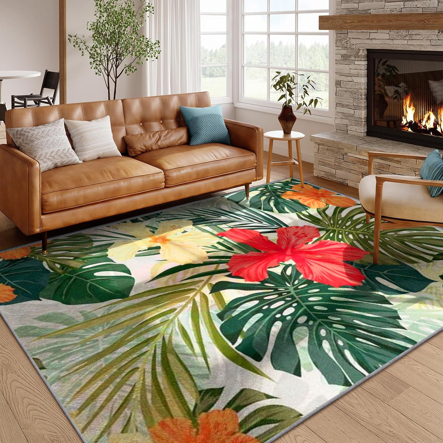 SMXVRC Green Palm Monstera Leaf Area Rugs, 180x300cm, Tropical Floral Botanical Design Non-Shedding Pet-Friendly Mat, Low Pile Area Rug for High Traffic Hallways