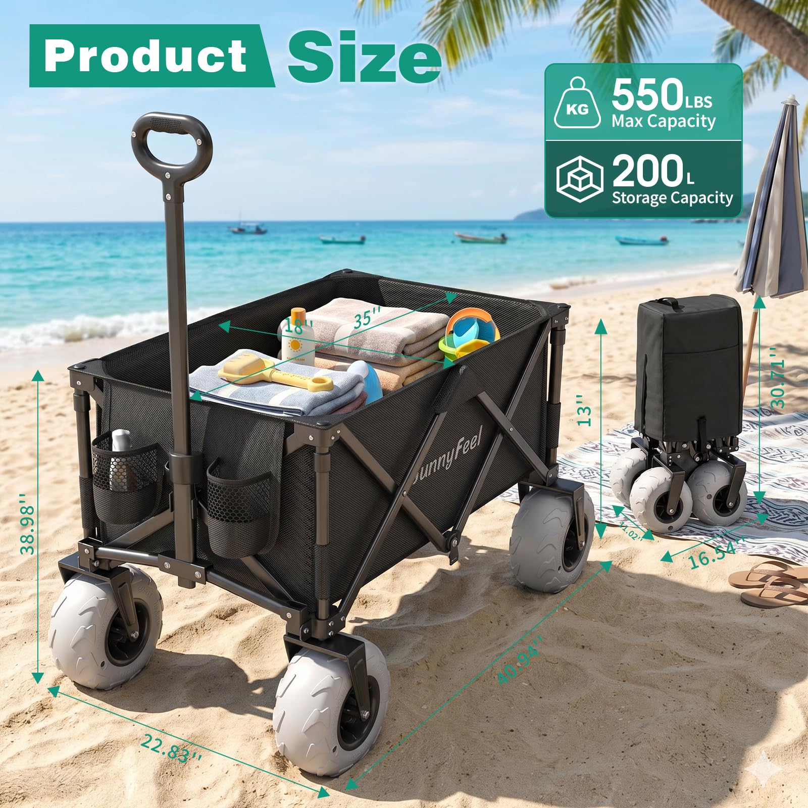 SUNNYFEEL Carro de playa resistente de 41 pulgadas de largo y 550 libras con neumáticos de globo de 9 pulgadas, carrito plegable de 200 L con bolsillo lateral y frenos para camping, deportes, jardín