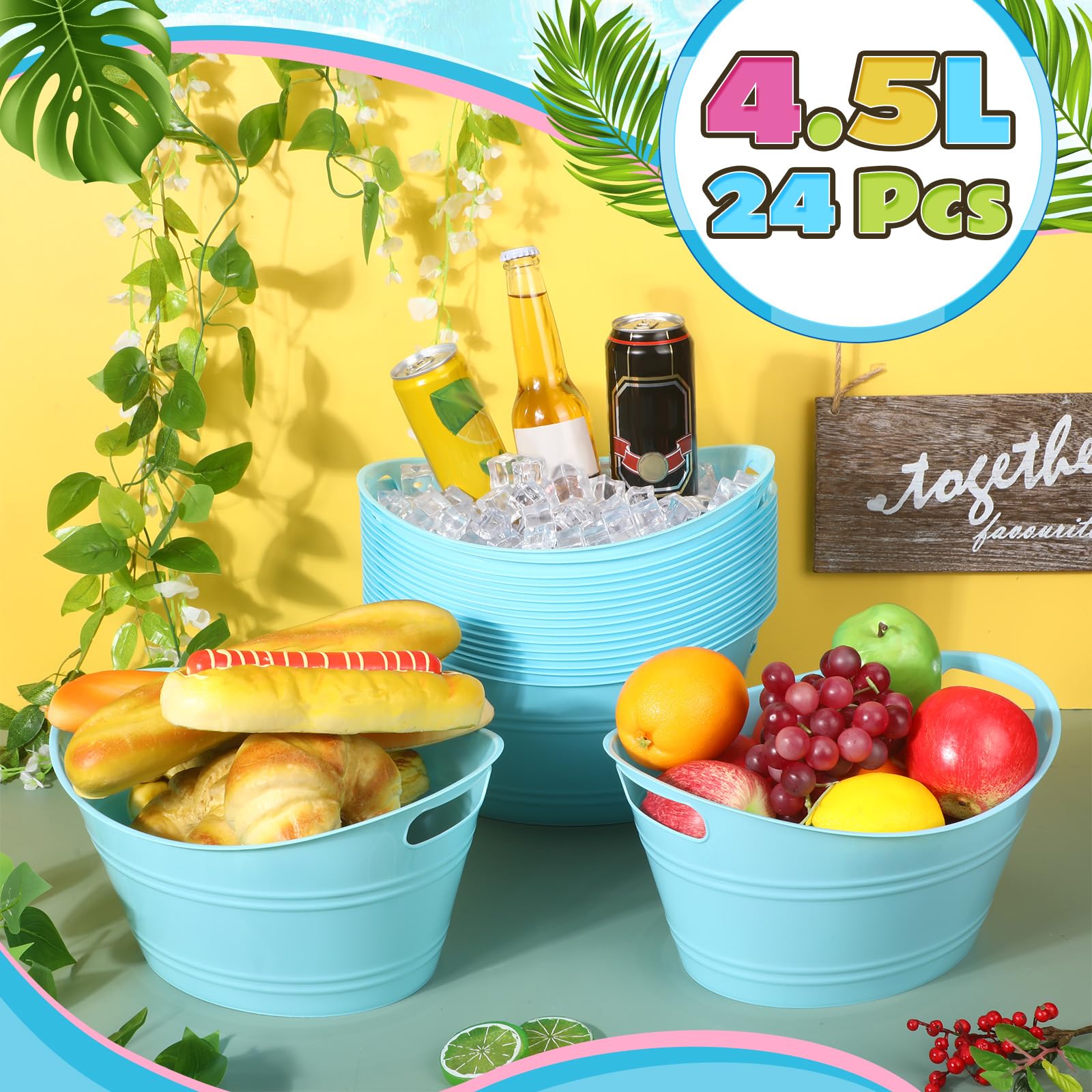 Norme 24 cubos de almacenamiento ovalados con asas, cubo de hielo de plástico de 4,5 L, botella de vino, cerveza, champán, botella de bebidas para fiestas, cesta de almacenamiento (azul cielo)