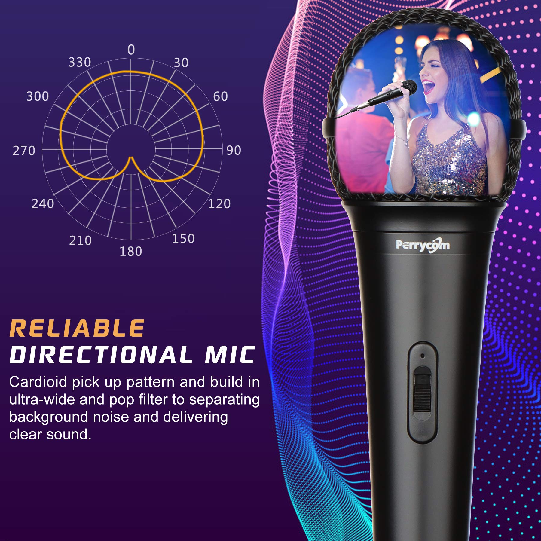 Perrycom Micrófono Vocal dinámico y de Instrumento para Karaoke con Interruptor de Encendido/Apagado, micrófono estándar, cardioide Negro (MXD5)