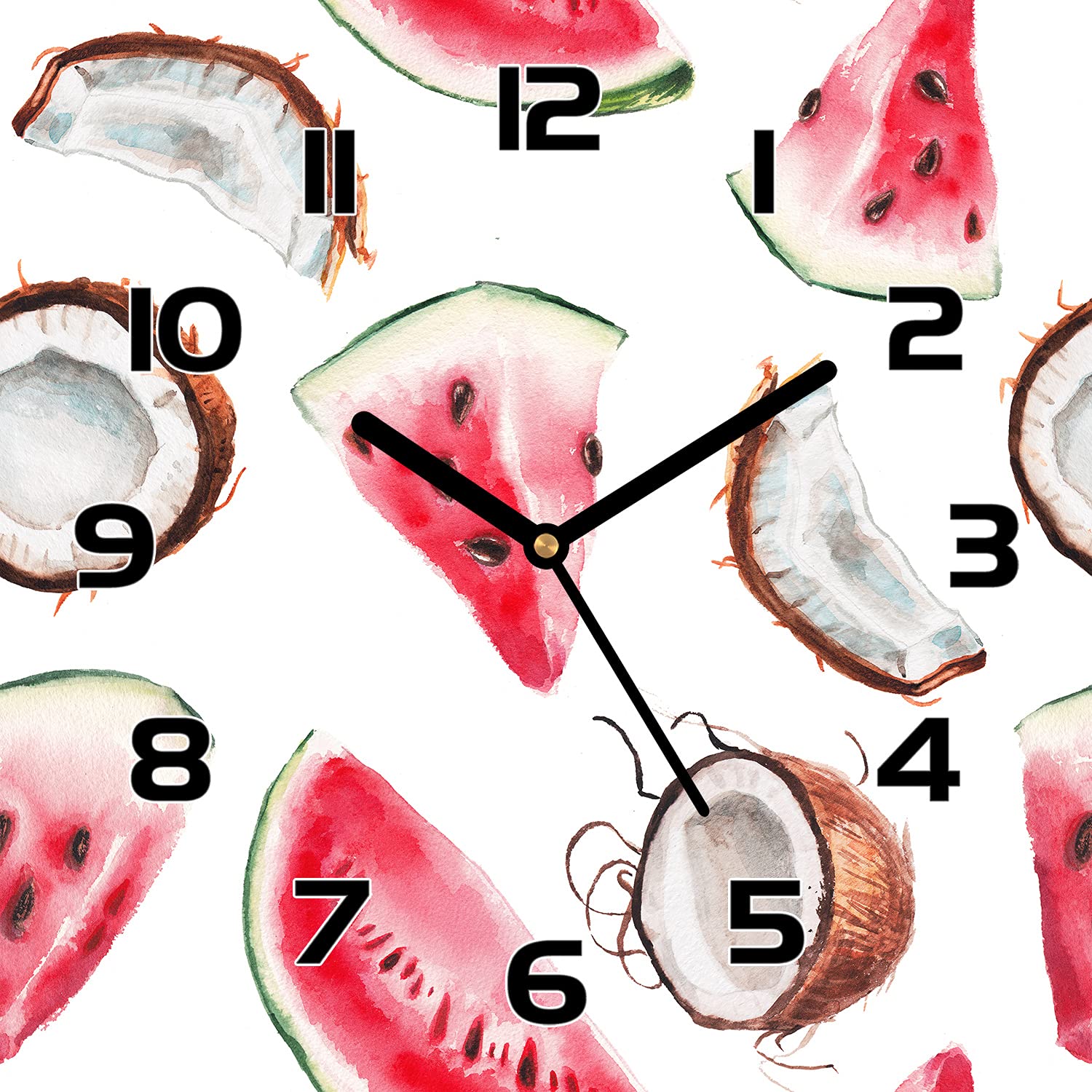 Horloge en verre 30x30 cm Coloray cuisine salon avec aiguilles noires design moderne fruits