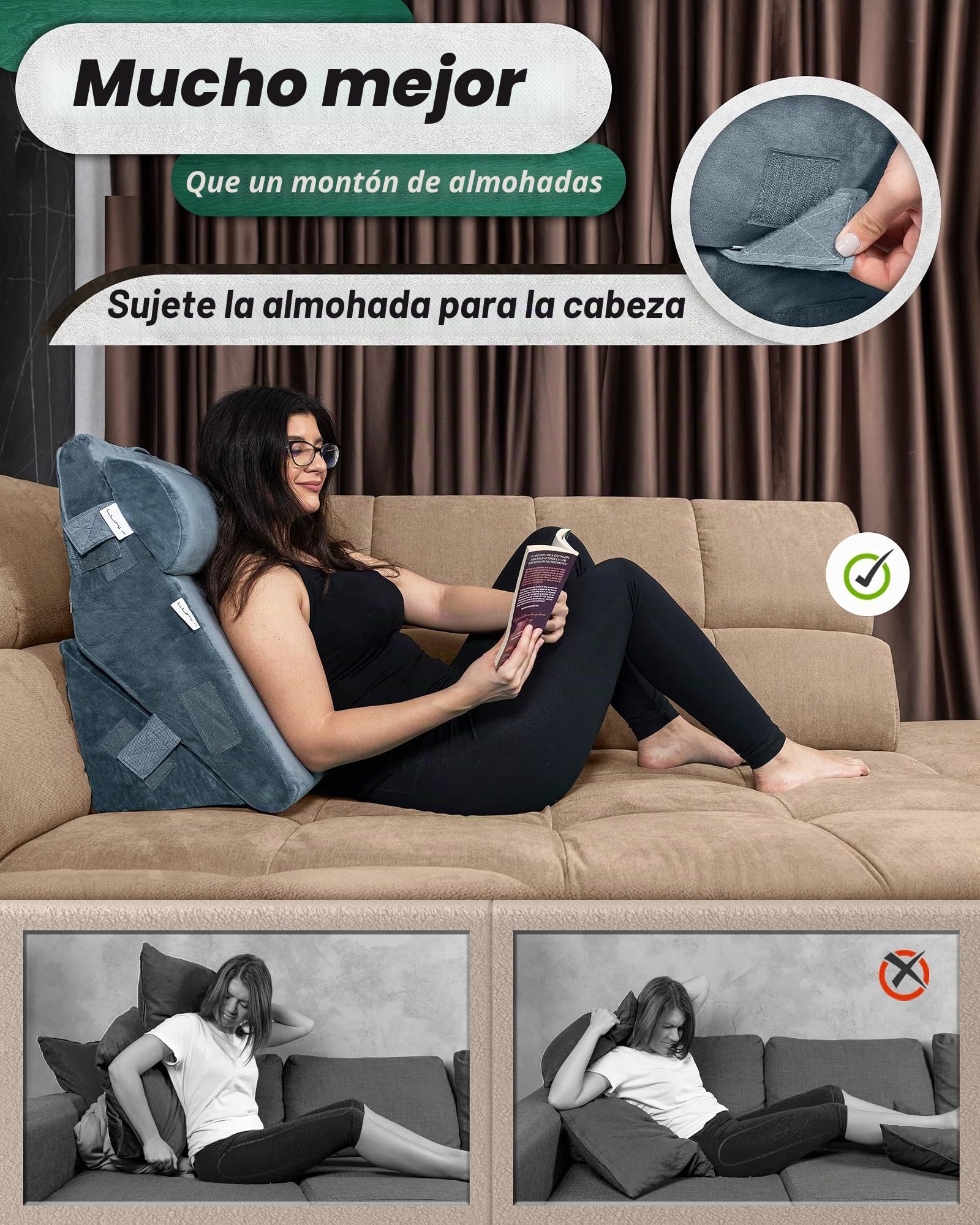 Lunix LX6 - Juego de almohadas ortopédicas de cuña de 3 piezas de apoyo compacto para leer, descansar y elevar las piernas, sin olor, espuma viscoelástica, funda lavable, color azul marino piedra