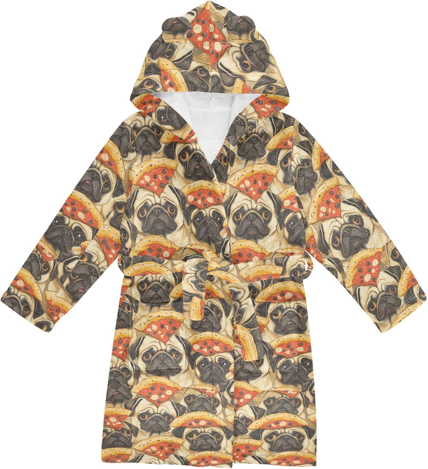 Cartoon Pugs Dogs with Pizza Bathrobe Hooded PJ Robe Plush Fleece Robe Pajama Sleepwear 2-12 Years