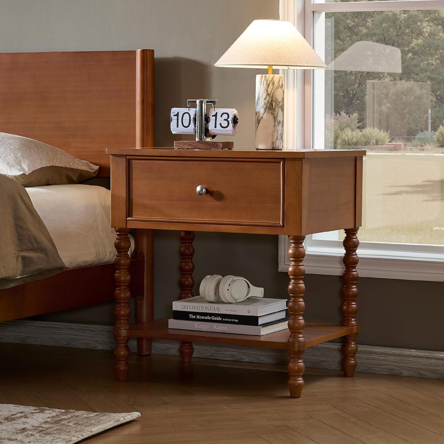 AMERLIFE 3 Piece Bedroom Set Includes Solid Wood King Platform Bed Frame with Headboard and 2 Nightstands with Spindle-Turned Legs, Mid Century Modern Bedroom Furniture, Brown Walnut