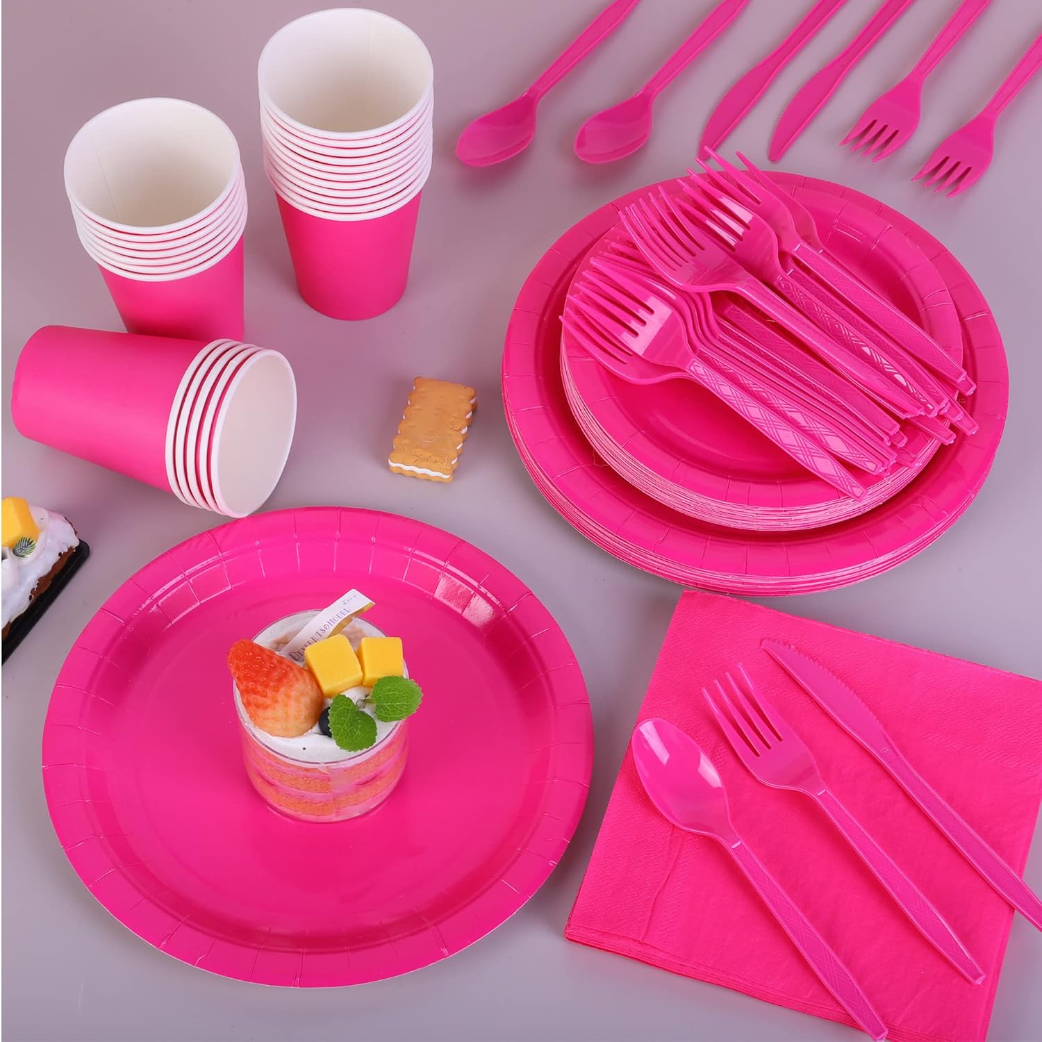 ADXCO 169 Pieces Hot Pink Party Supplies Include Paper Plates Cups Napkins Forks Knives Spoons Waterproof Tablecloth Complete Tableware for Party Decorations