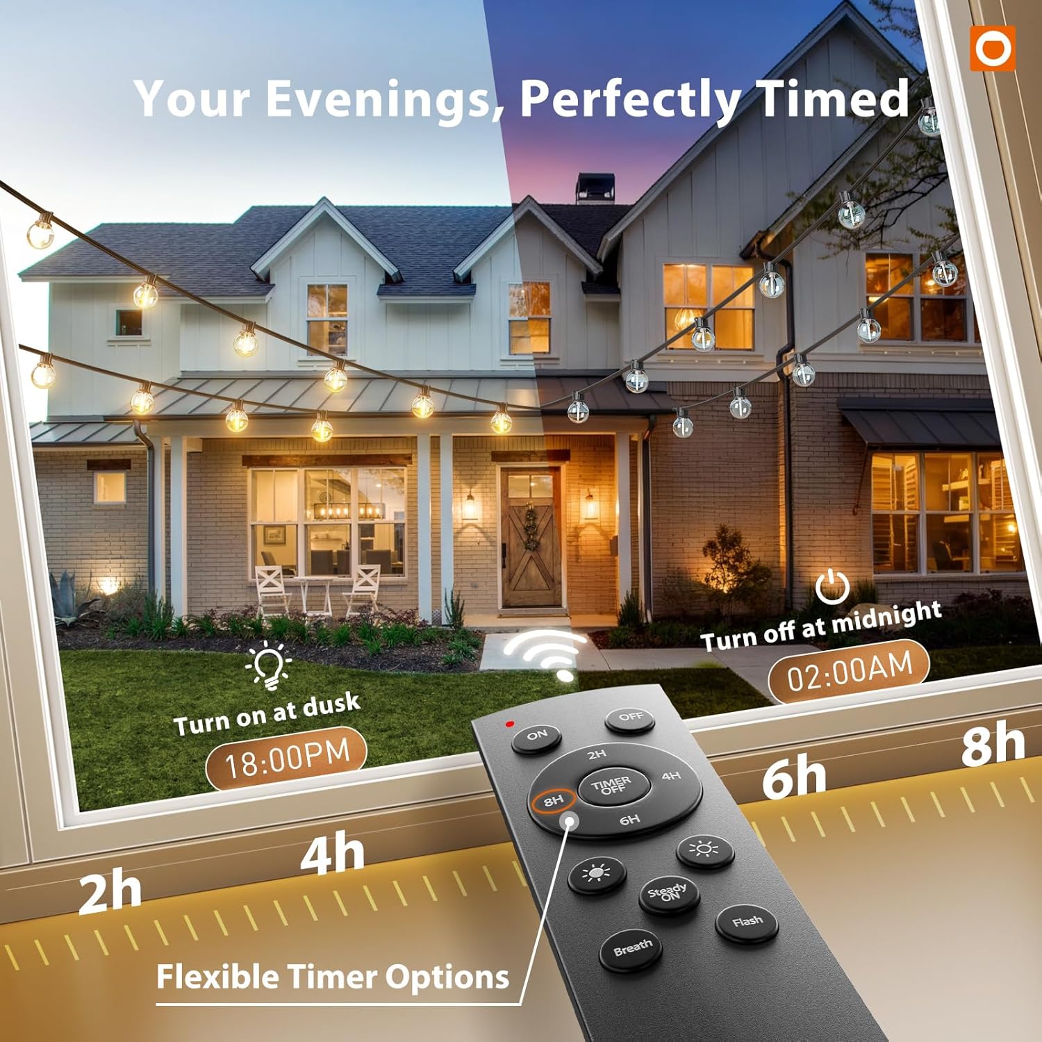 Diagram showing addlon string light dimensions, spare bulbs, easy hanging, safer adapter, and connectable features.