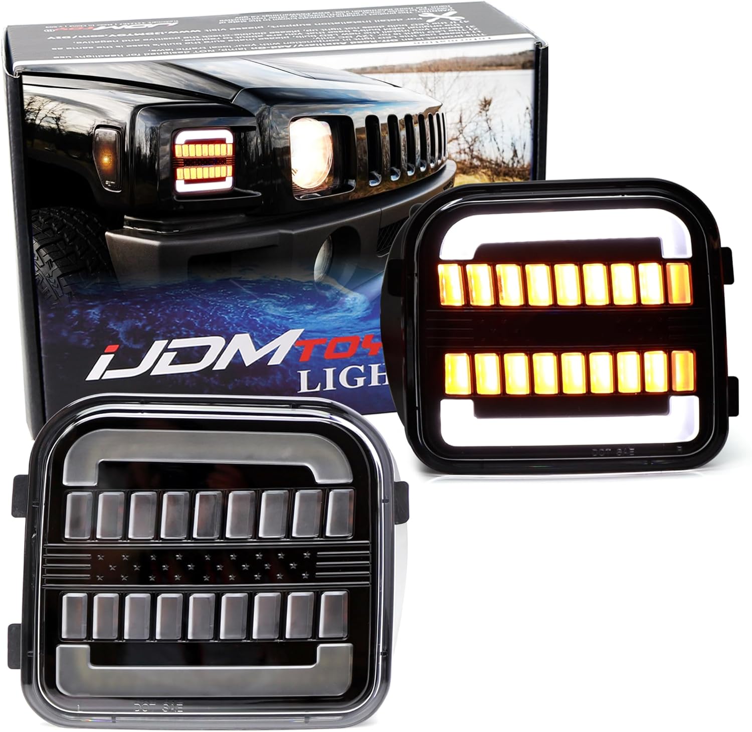 iJDMTOY Euro Black-Out Interior Clear Lens White LED Halo Driving Light/Amber Sequential Blink LED Front Turn Signal Light Assembly, Compatible with 2006-2010 Hummer H3/H3T