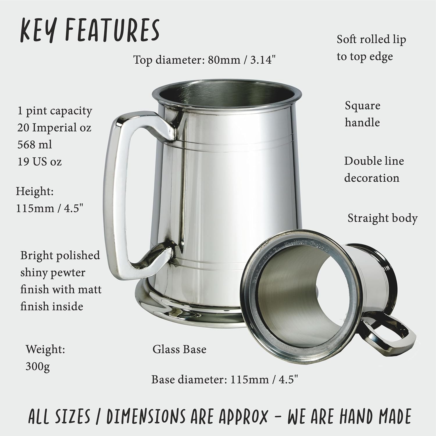 Glass Base 1 Pint Pewter tankard with line decoration (Glass Base Tankard)