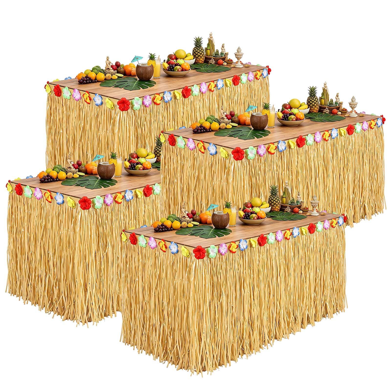 4 Pack Luau Grass Table Skirt, Luau Party Decorations, Natural 275x75cm Hawaiian Grass Table Skirt with Flowers for Hawaiian Party Summer Tropical Costume Party Birthday Beach Party Supplies