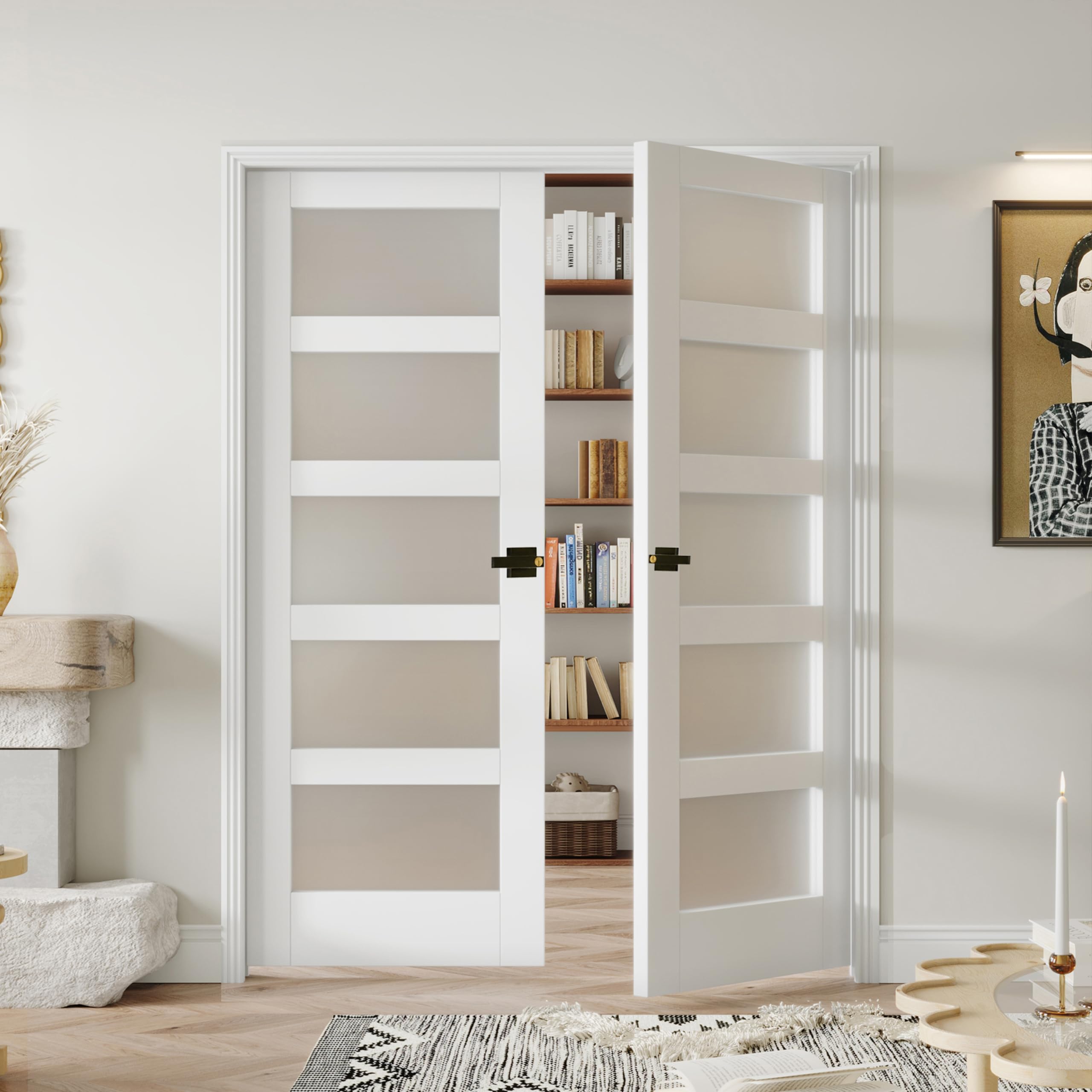 56" x 80" French Doors, 5-Lite Frosted Glass Interior Door with Black Door Levers, Pantry Door Slabs for Bathroom Bedroom Pantry Laundry Closet Door, Assembly Required