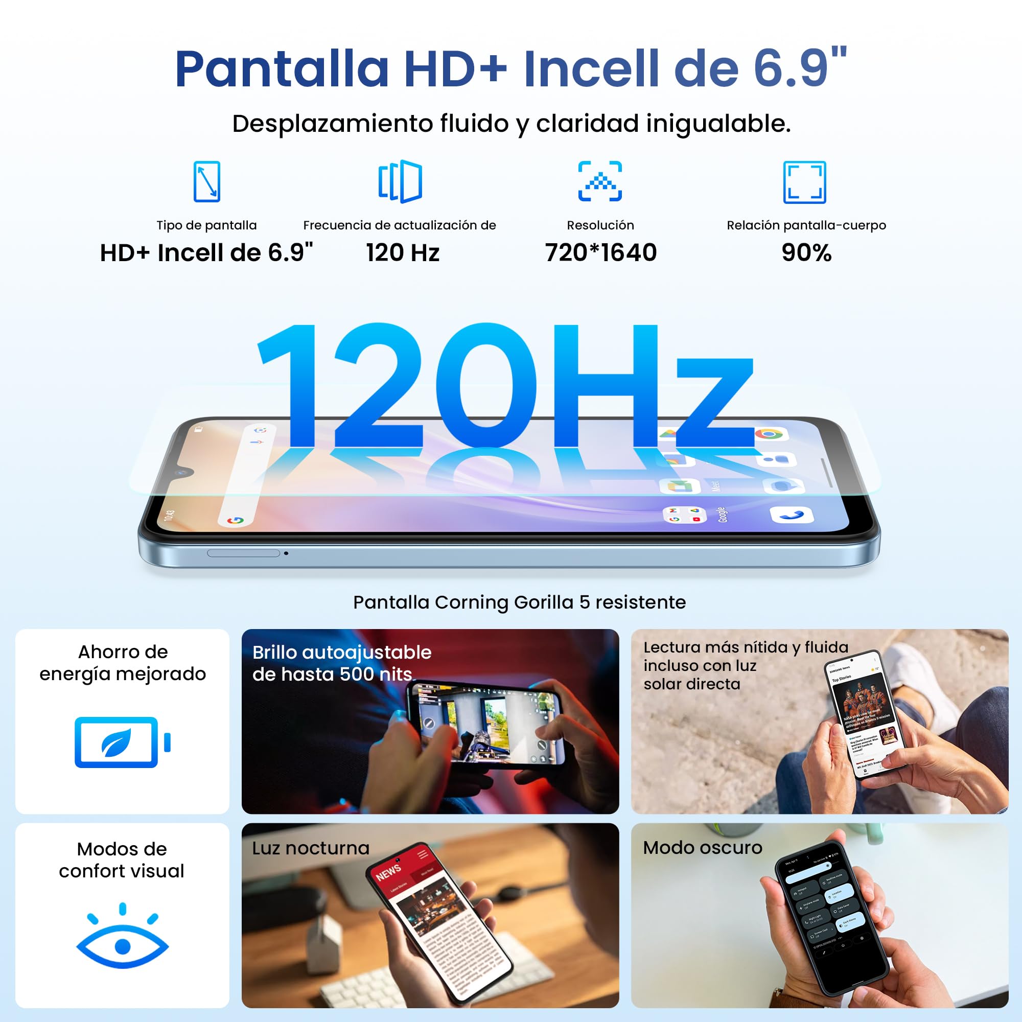 A12 Teléfono Inteligente 4G Android 15, 12GB RAM + 128GB ROM, Batería 6500mAh, Pantalla 6,9 Pulgadas HD+ 120Hz, AI Cámara 13MP, Octa-Core, Dual SIM/OTG/GPS/Fingerprint/Face ID