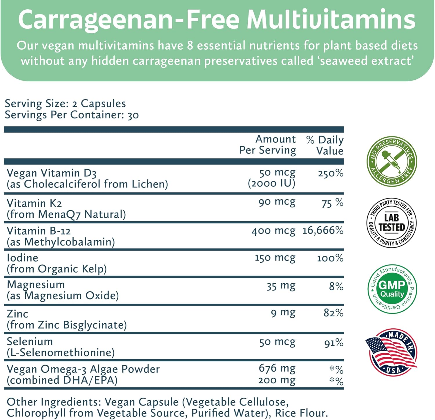 Future Kind Carrageenan-Free Foundations Multivitamin for Women & Men with Omega-3, B12, D3, Zinc, Iodine, Magnesium, K2 & Selenium, Vegan, Compostable Bag (60ct)