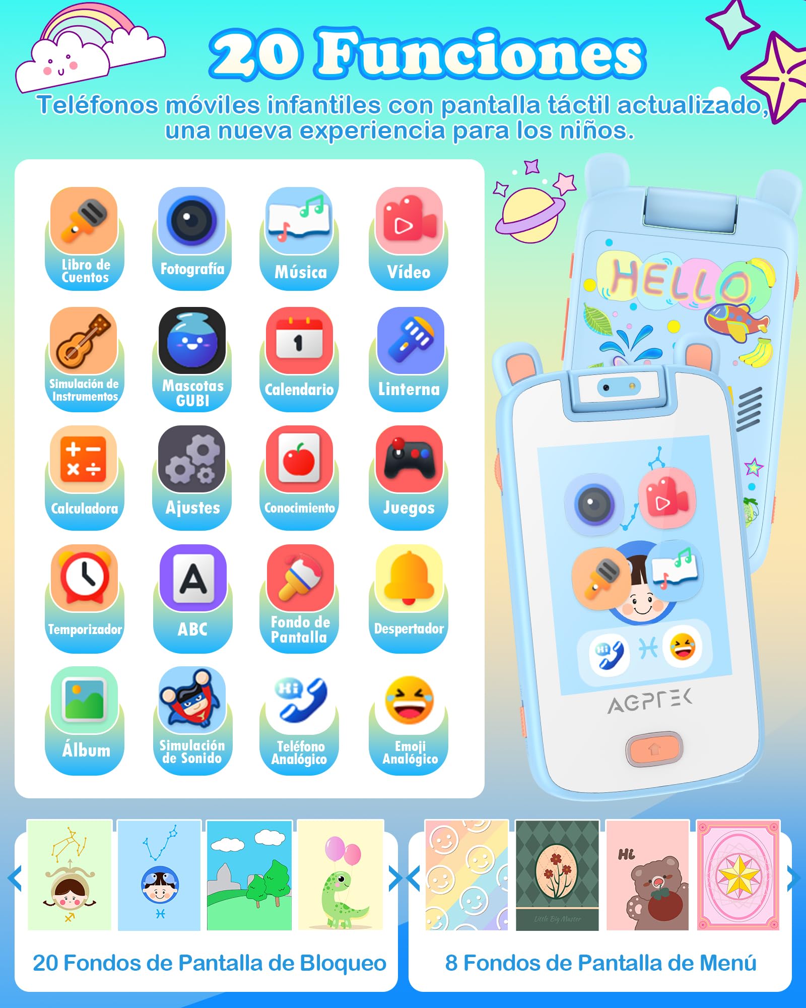 AGPTEK Teléfono para niños, Smartphone Juguete Pantalla Táctil con 32GB TF Card, Cámara, Dispositivo de Aprendizaje 3-7 Años, Regalos, Azul