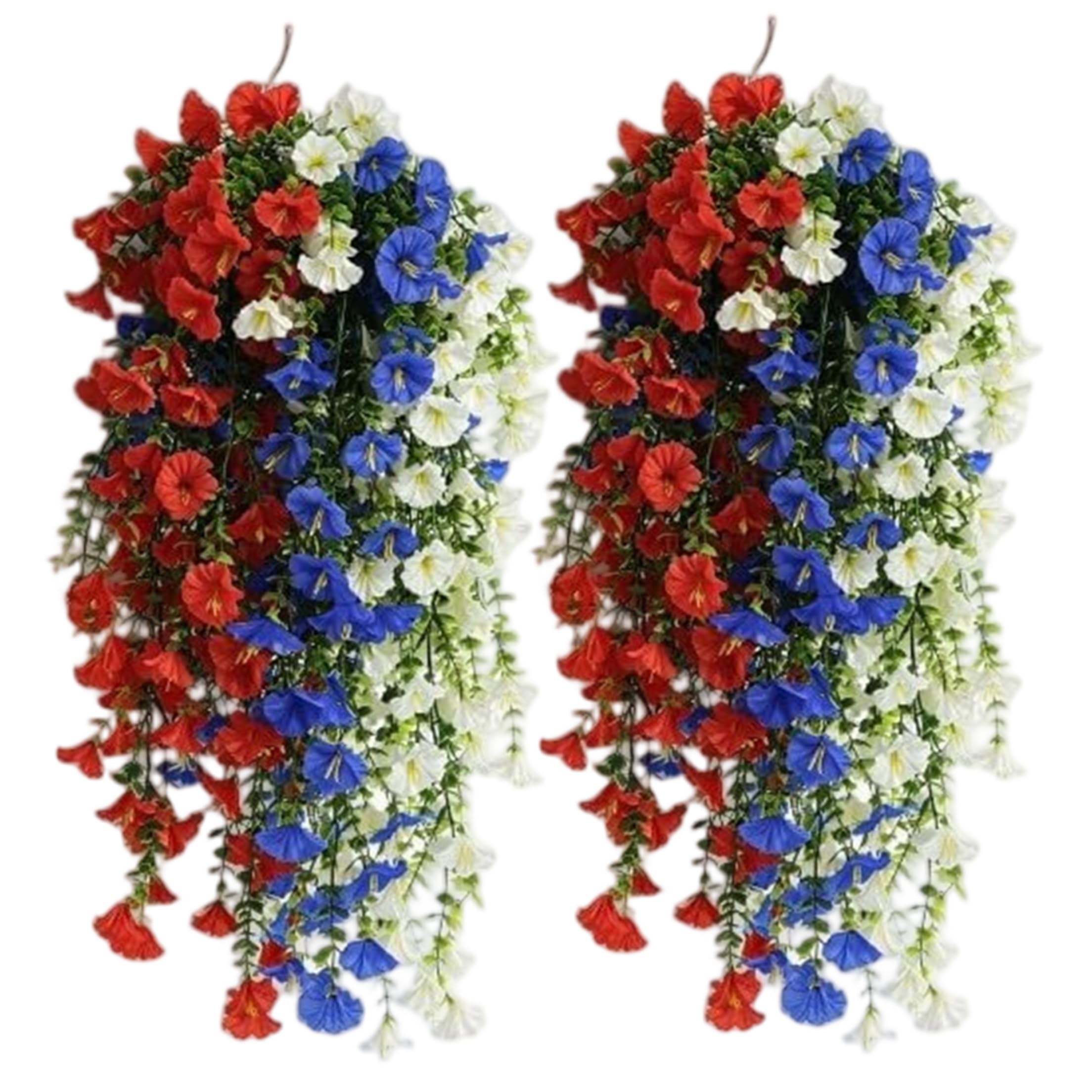 Tsawntd Red White and Blue Artificial Flowers, 2pcs Realistic Faux Petunias, Hanging Red White Blue Flowers For Home & Wedding Decor